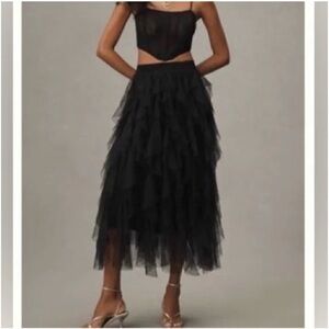 Anthropologie Black Layered Tulle Midi Skirt Sz Xs